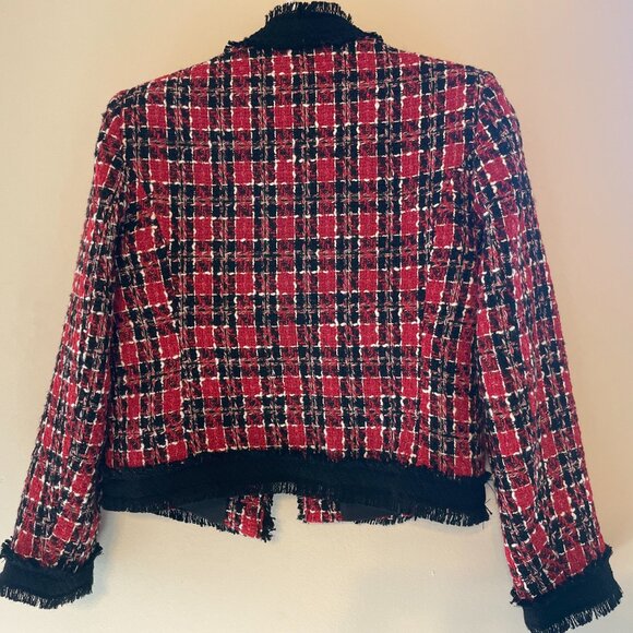 River Island Red Check Boucle 3/4 Sleeve Jacket - Picture 3 of 6